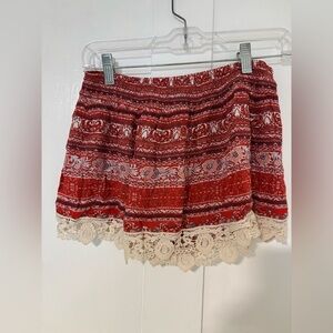 Red Patterned Shorts with Lace Trim